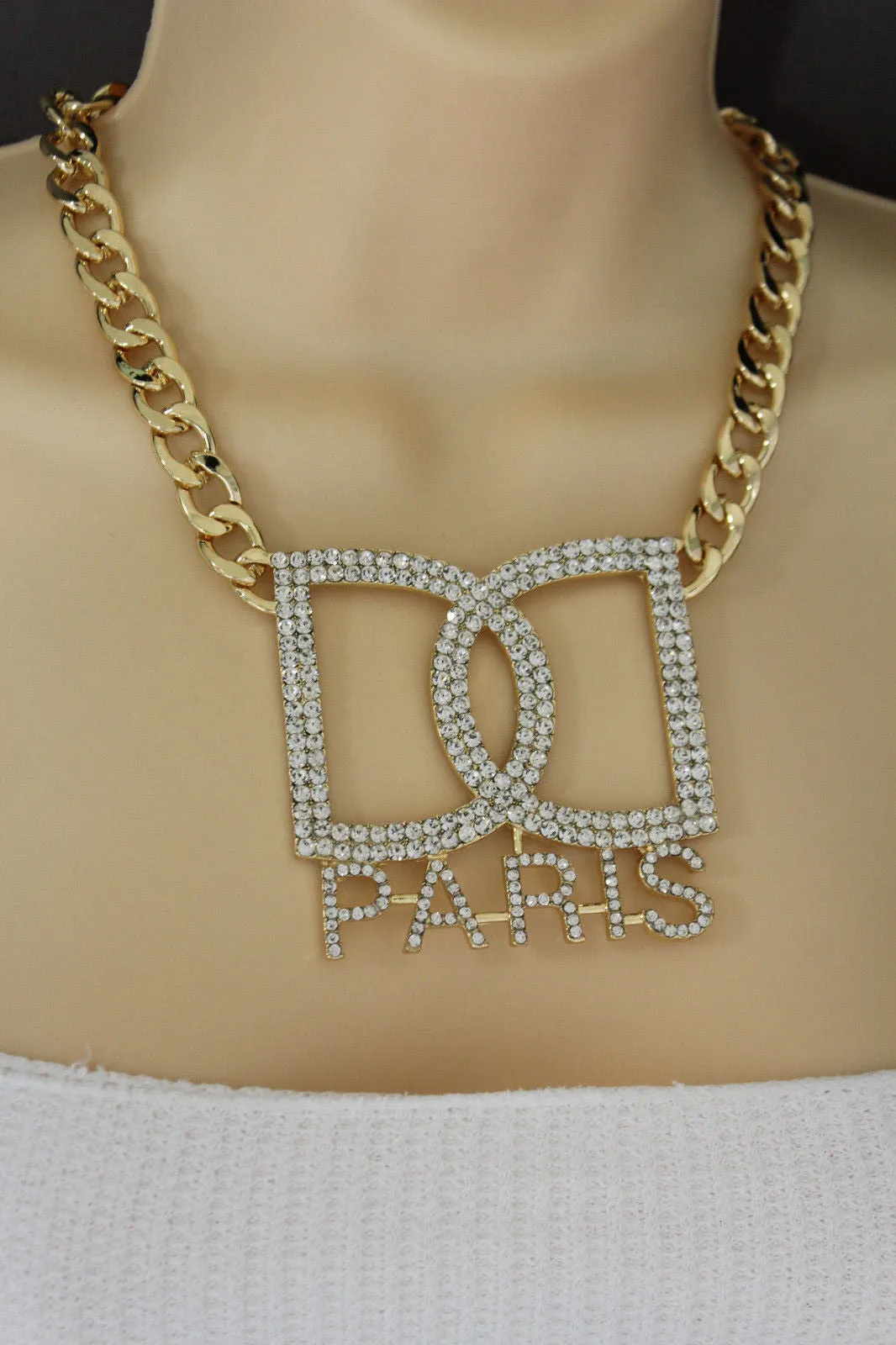 Gold Metal Chains Big D Hand Cuffs Paris Charm Short Necklace