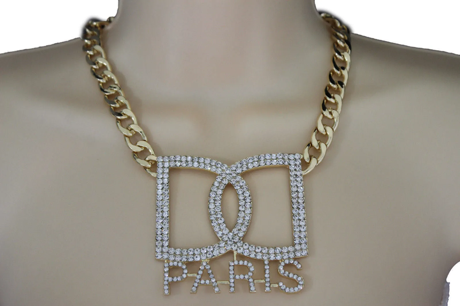 Gold Metal Chains Big D Hand Cuffs Paris Charm Short Necklace