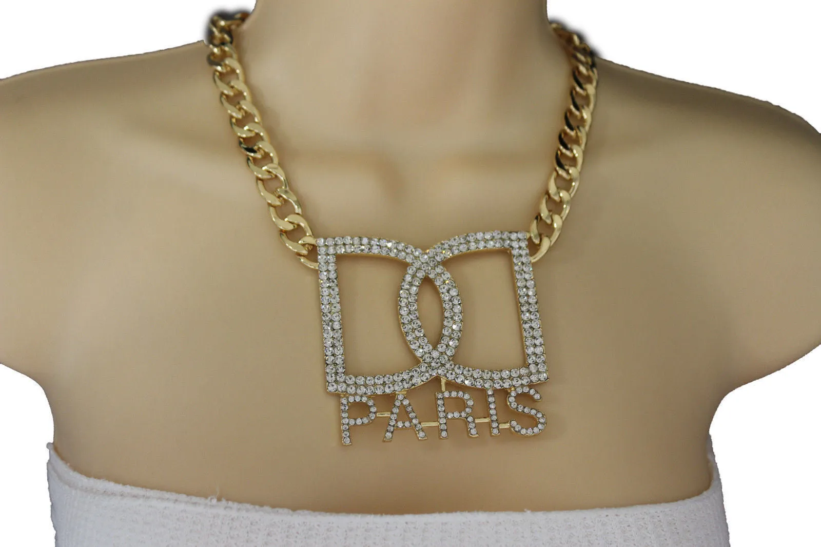 Gold Metal Chains Big D Hand Cuffs Paris Charm Short Necklace
