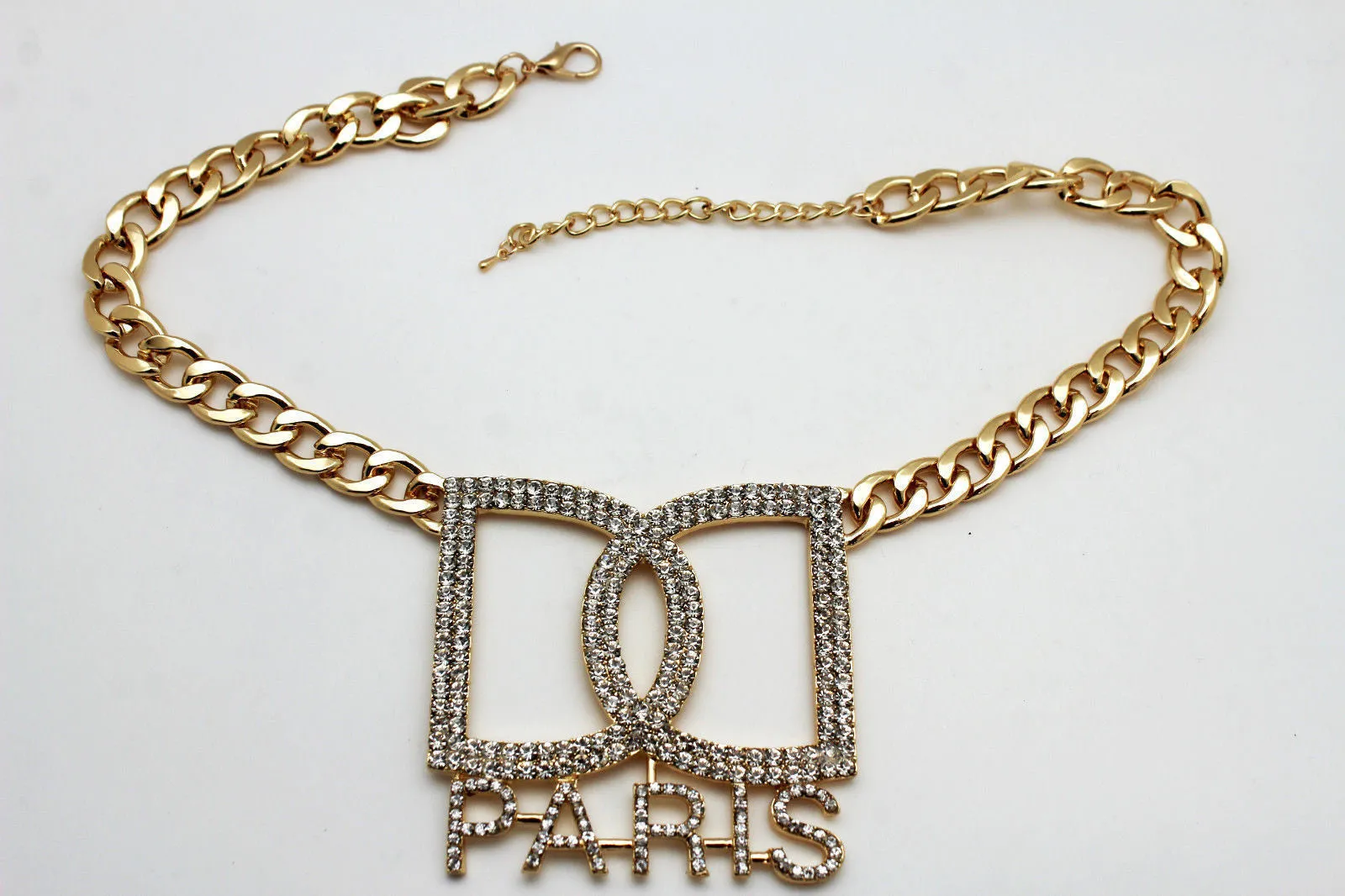 Gold Metal Chains Big D Hand Cuffs Paris Charm Short Necklace