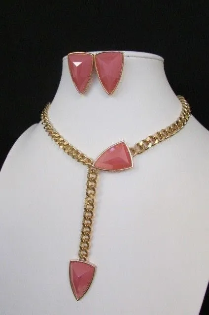 Gold Metal Chains Big Pink Beads 16" Long Necklace Earrings Set