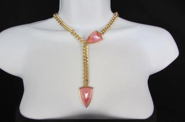 Gold Metal Chains Big Pink Beads 16" Long Necklace Earrings Set