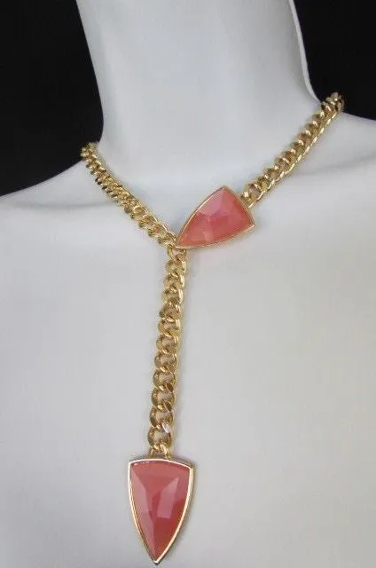 Gold Metal Chains Big Pink Beads 16" Long Necklace Earrings Set