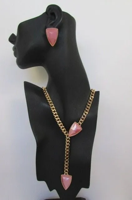 Gold Metal Chains Big Pink Beads 16" Long Necklace Earrings Set
