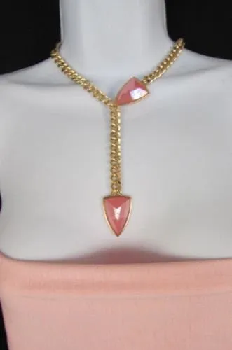 Gold Metal Chains Big Pink Beads 16" Long Necklace Earrings Set