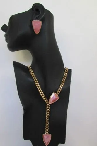 Gold Metal Chains Big Pink Beads 16" Long Necklace Earrings Set