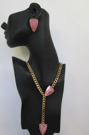 Gold Metal Chains Big Pink Beads 16" Long Necklace Earrings Set