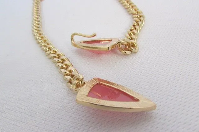 Gold Metal Chains Big Pink Beads 16" Long Necklace Earrings Set