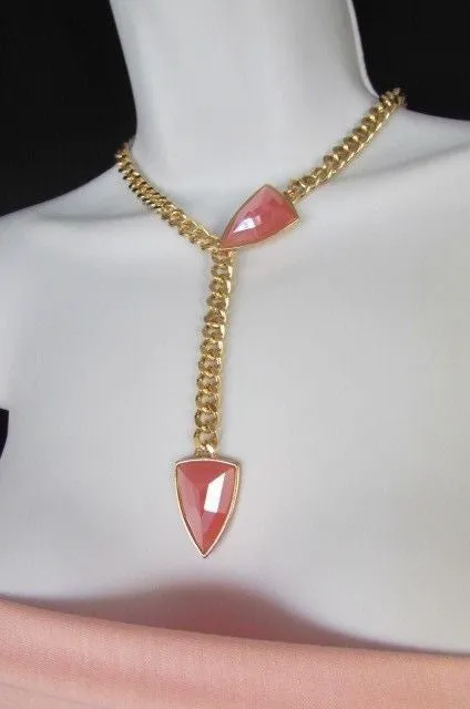 Gold Metal Chains Big Pink Beads 16" Long Necklace Earrings Set