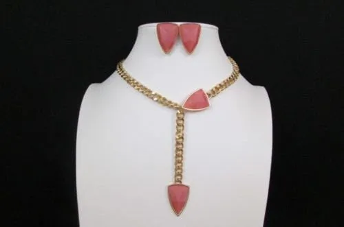 Gold Metal Chains Big Pink Beads 16" Long Necklace Earrings Set
