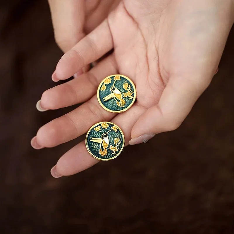 Hand-Painted Hummingbird Enamel Earrings - Real Gold Plated with Sterling Silver Posts