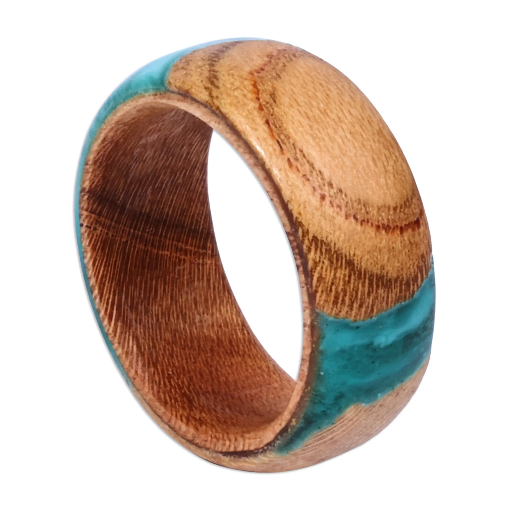Handcrafted Apricot Wood and Resin Band Ring in Turquoise - Chic Harmony | NOVICA