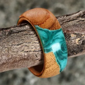 Handcrafted Apricot Wood and Resin Band Ring in Turquoise - Chic Harmony | NOVICA