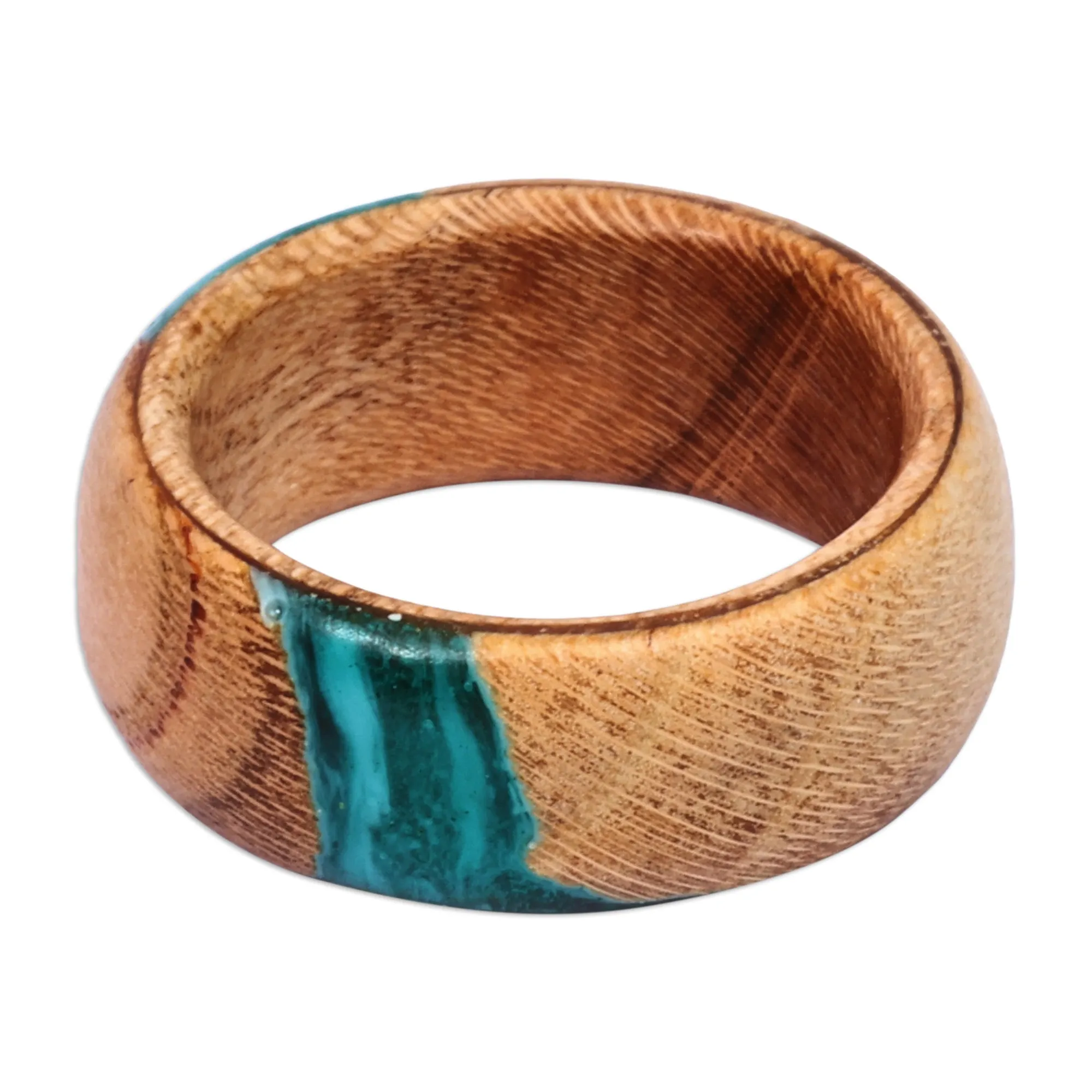 Handcrafted Apricot Wood and Resin Band Ring in Turquoise - Chic Harmony | NOVICA