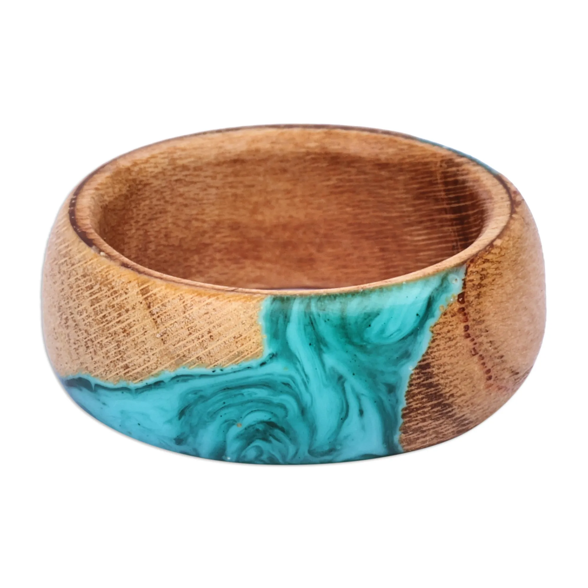 Handcrafted Apricot Wood and Resin Band Ring in Turquoise - Chic Harmony | NOVICA