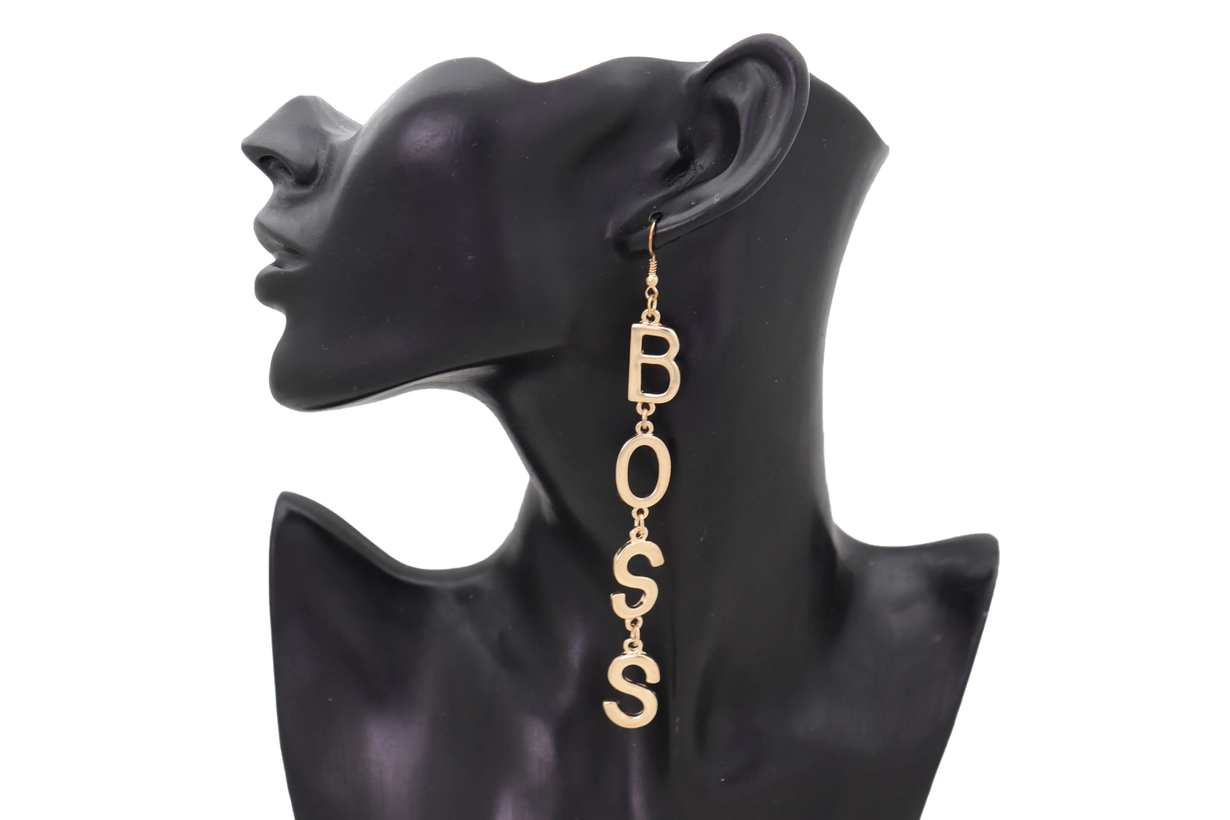 Hook Earrings Set Gold Metal Long BOSS Word Charm Hip Hop