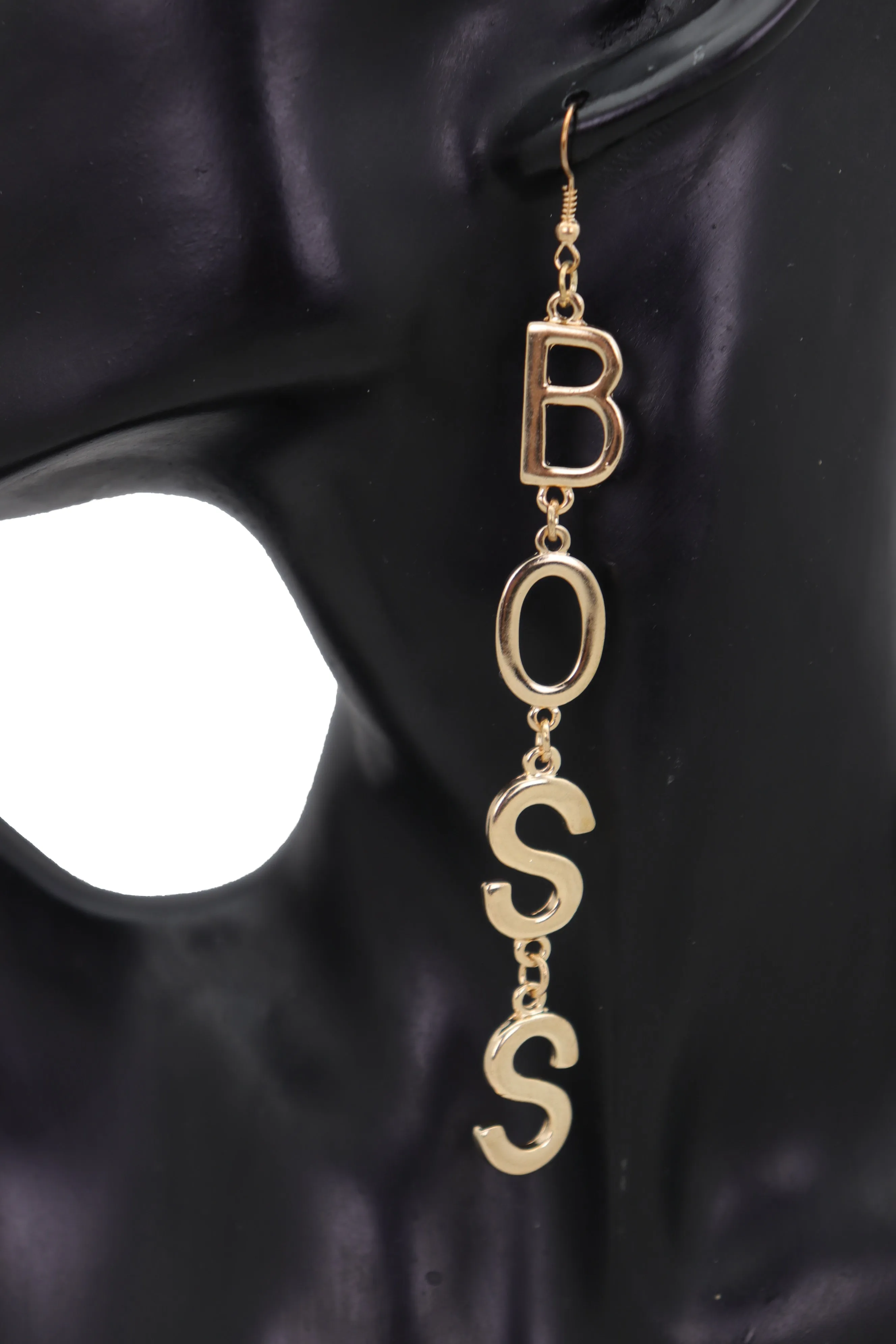 Hook Earrings Set Gold Metal Long BOSS Word Charm Hip Hop