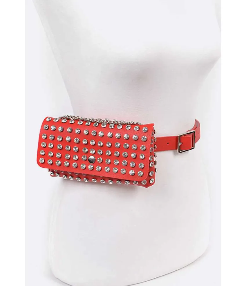 Ice Me Out Faux Leather Crystal Studded Convertible Fanny Pack Bag Black, Camel or Red