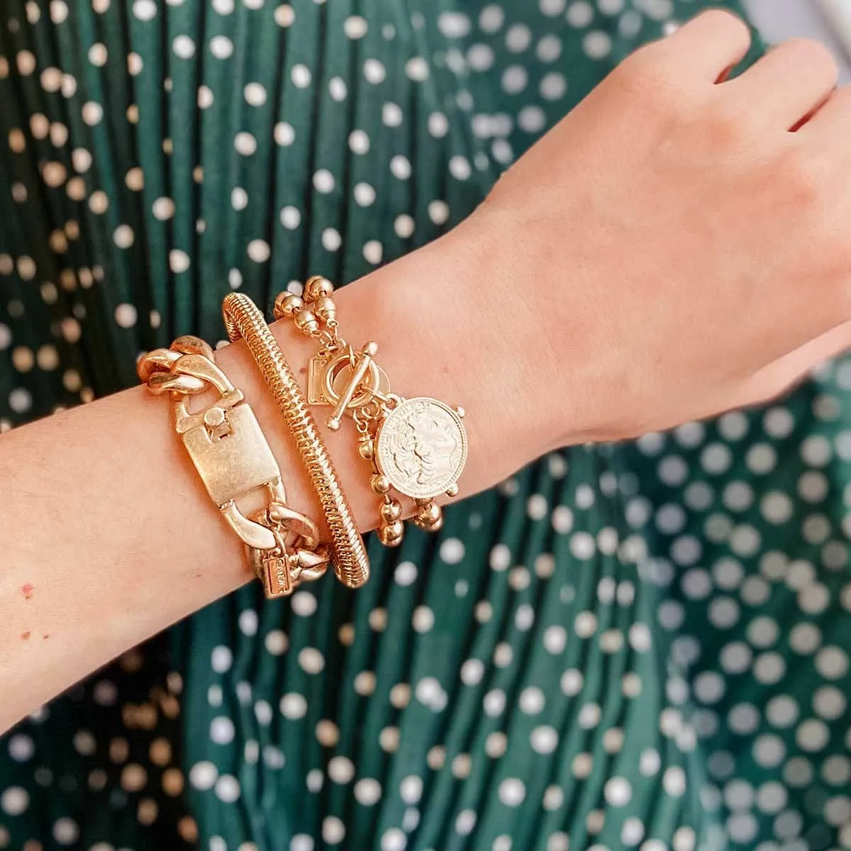 Lexi Herringbone Chain Bangle Bracelet in Worn Gold