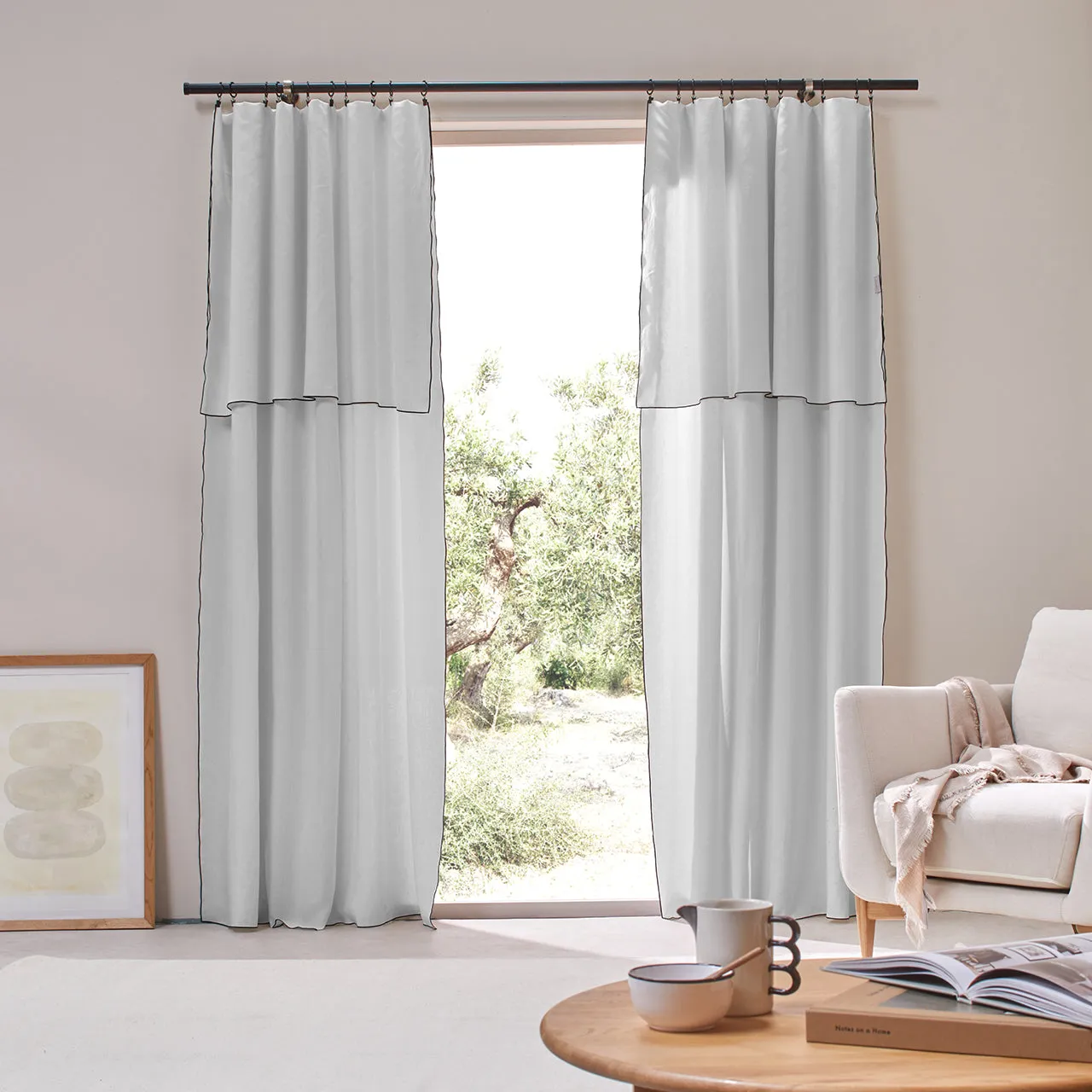 Linen Curtain panel with bourdon edge - Mineral Grey