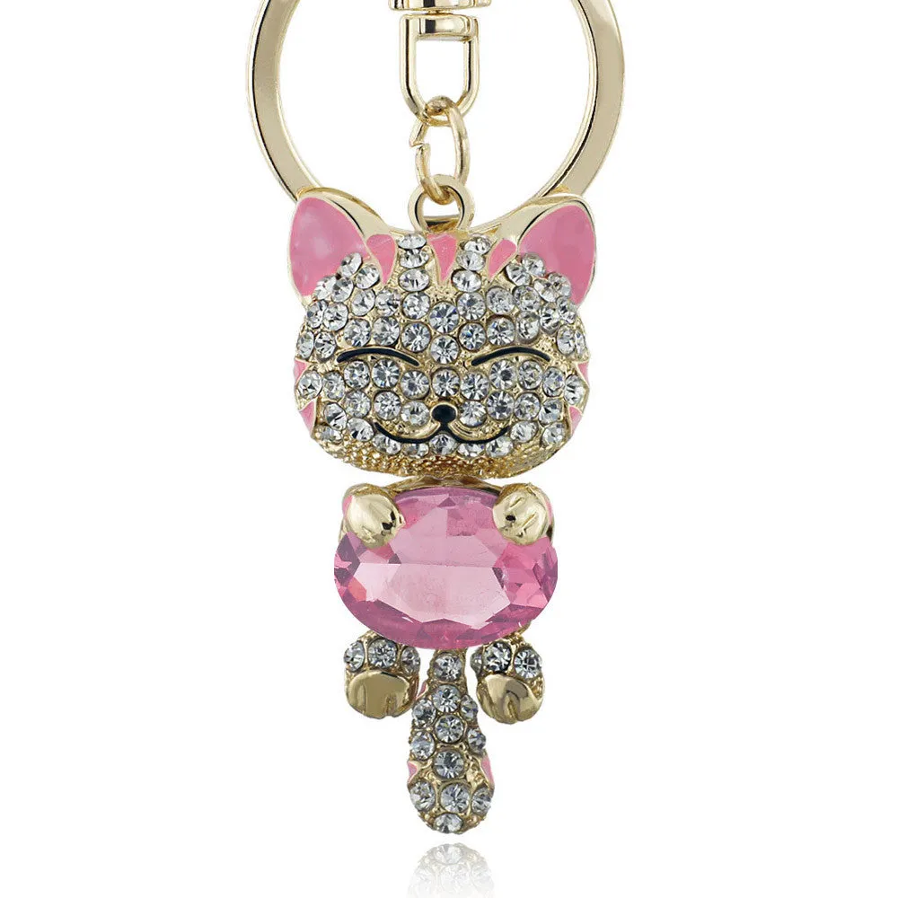 Lucky Enamel Smile Cat Crystal Rhinestone HandBag Keyring Keychain Purse Bag Buckle For Car Party Gift Keyfob Jewelry