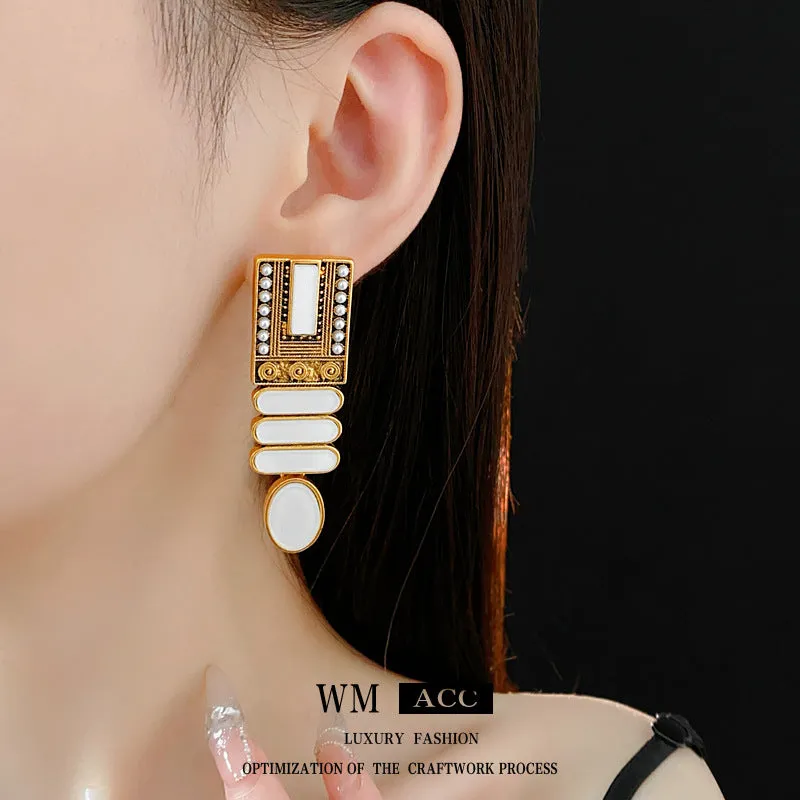 Luxurious Quadrilateral Ellipse Geometric Artificial Pearl Electroplating Earrings