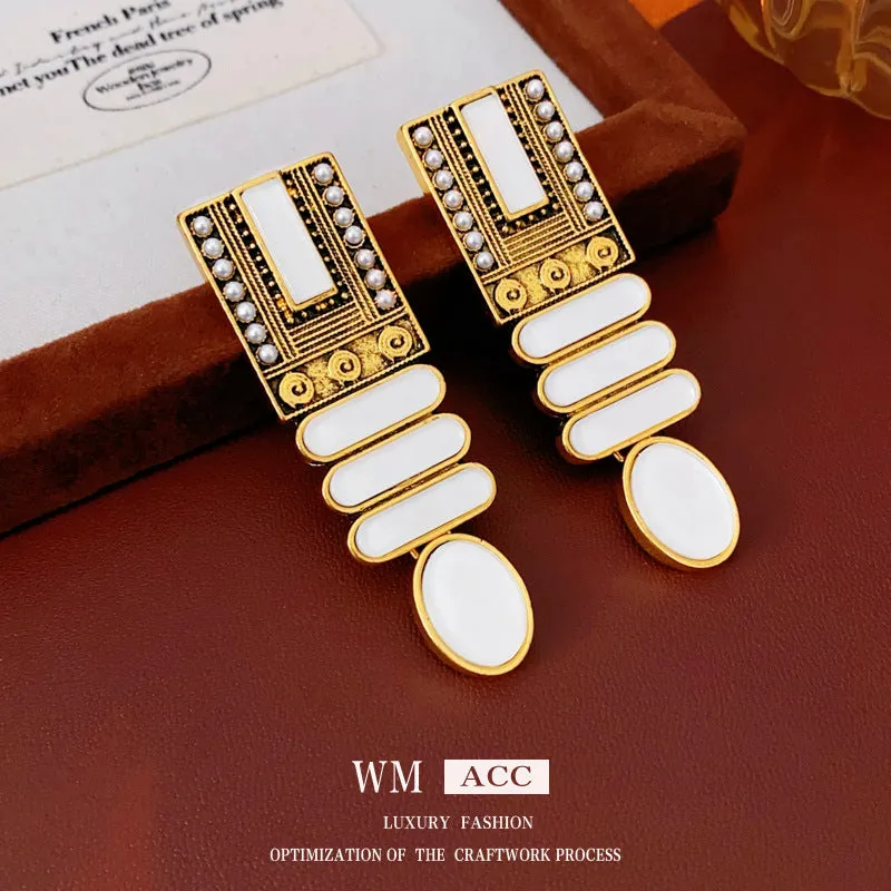 Luxurious Quadrilateral Ellipse Geometric Artificial Pearl Electroplating Earrings