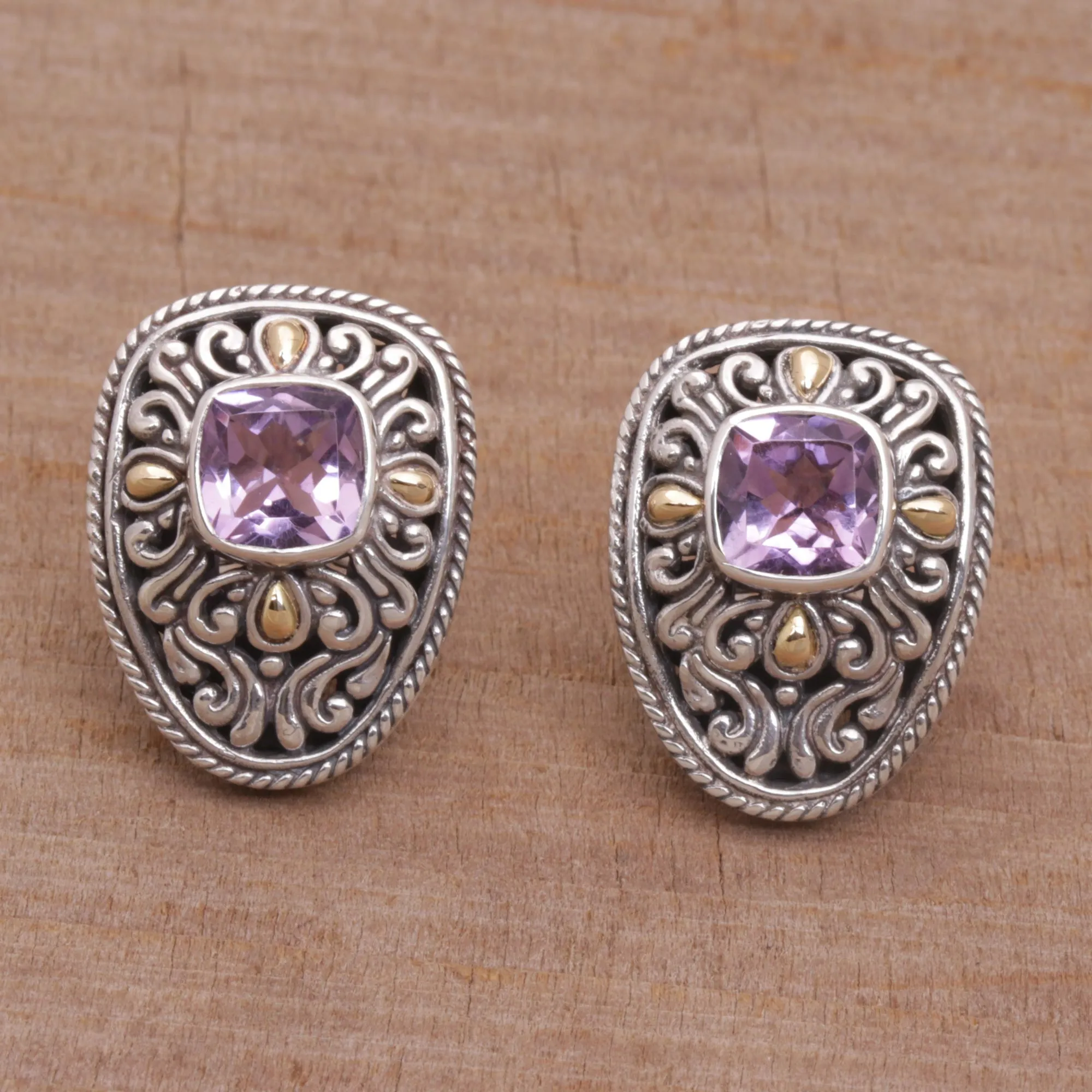 Luxurious Swirls Sterling Silver and Amethyst Drop Earrings with Gold Accents