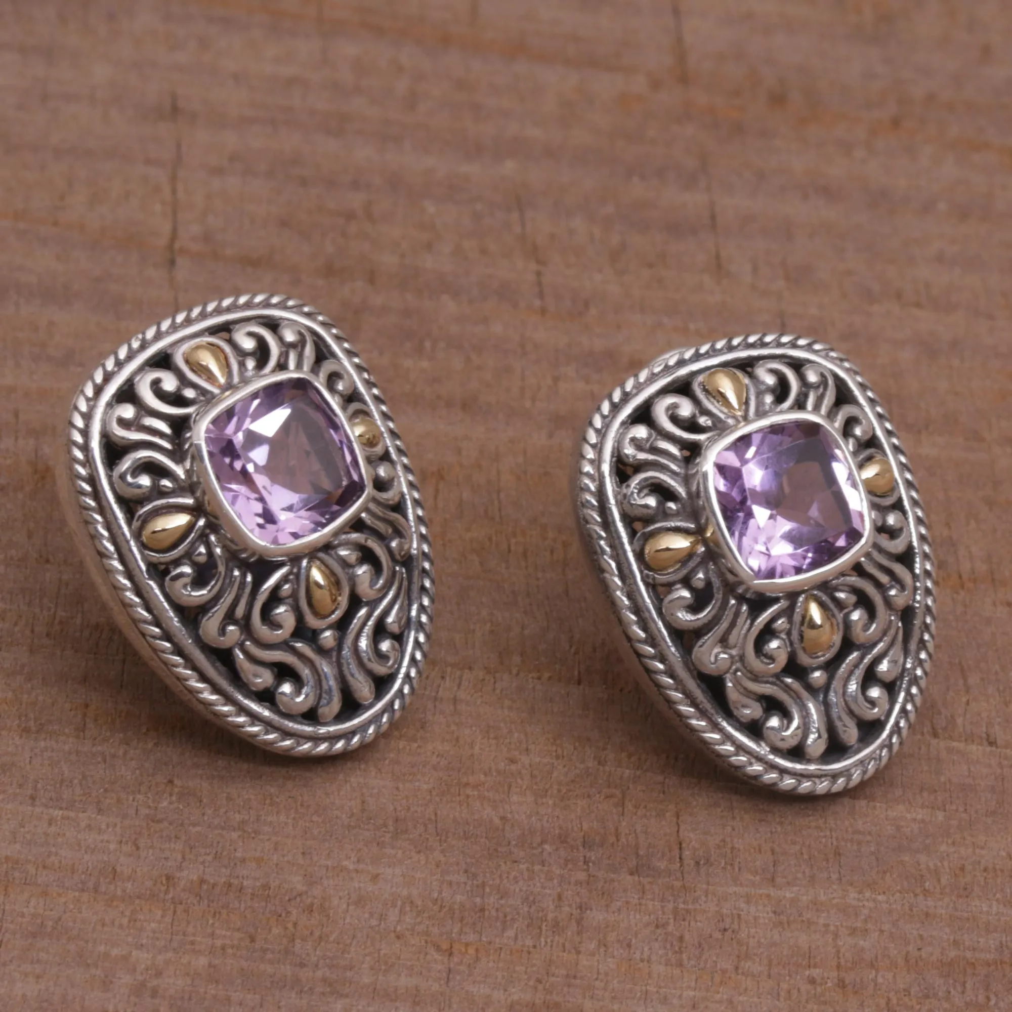 Luxurious Swirls Sterling Silver and Amethyst Drop Earrings with Gold Accents