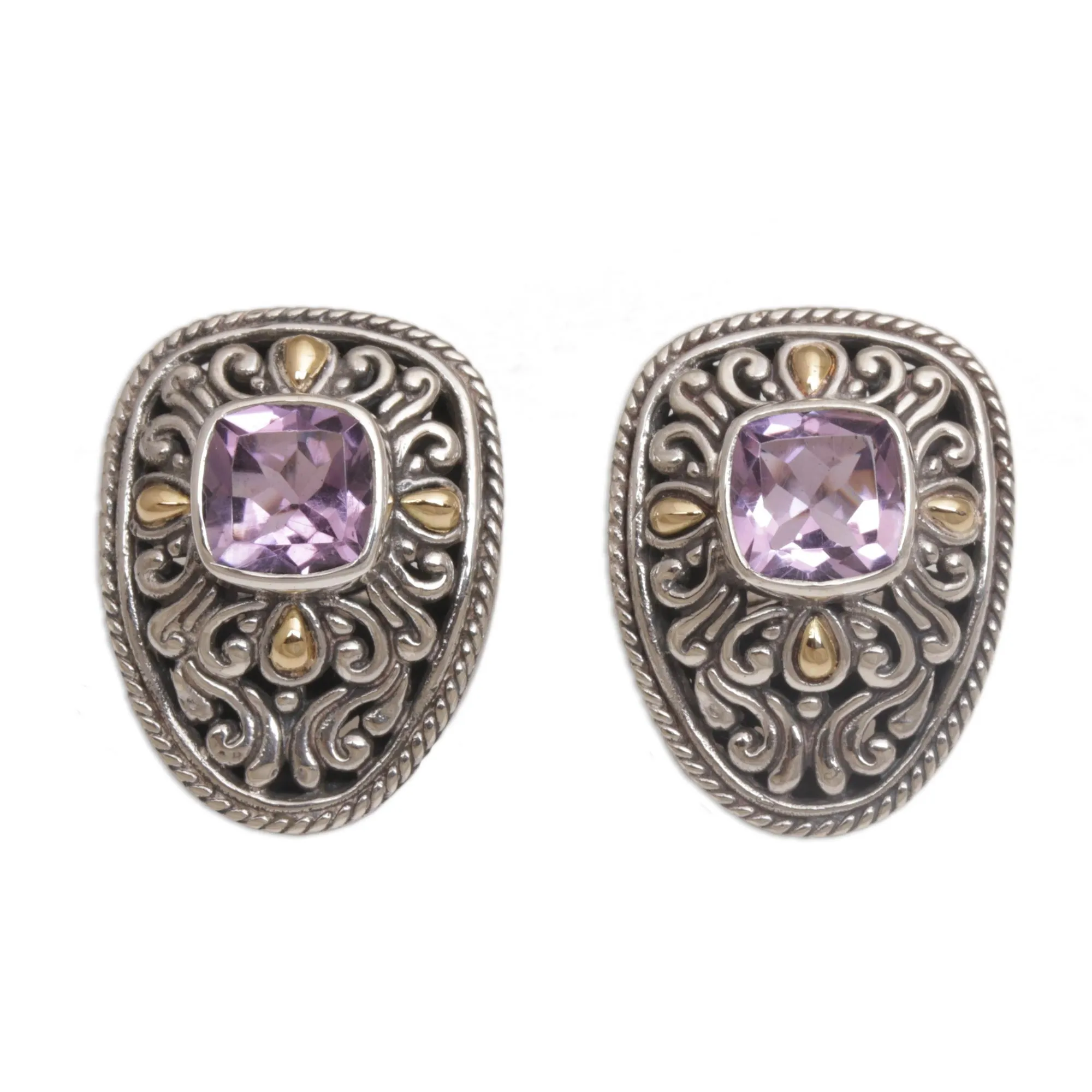 Luxurious Swirls Sterling Silver and Amethyst Drop Earrings with Gold Accents