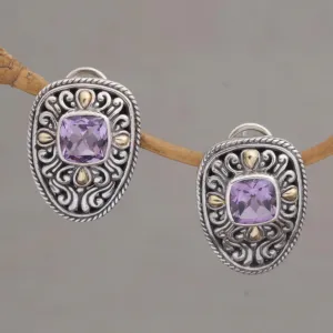 Luxurious Swirls Sterling Silver and Amethyst Drop Earrings with Gold Accents