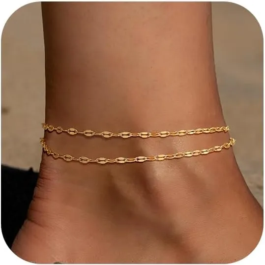 MBW Gold Ankle Bracelets for Women, Stackable 14K Gold Plated Beaded Anklets for Women Waterproof Dainty Layered Cuban Link Chain Anklet Set Adjustable Anklets Summer Boho Beach Jewelry Sets Gifts