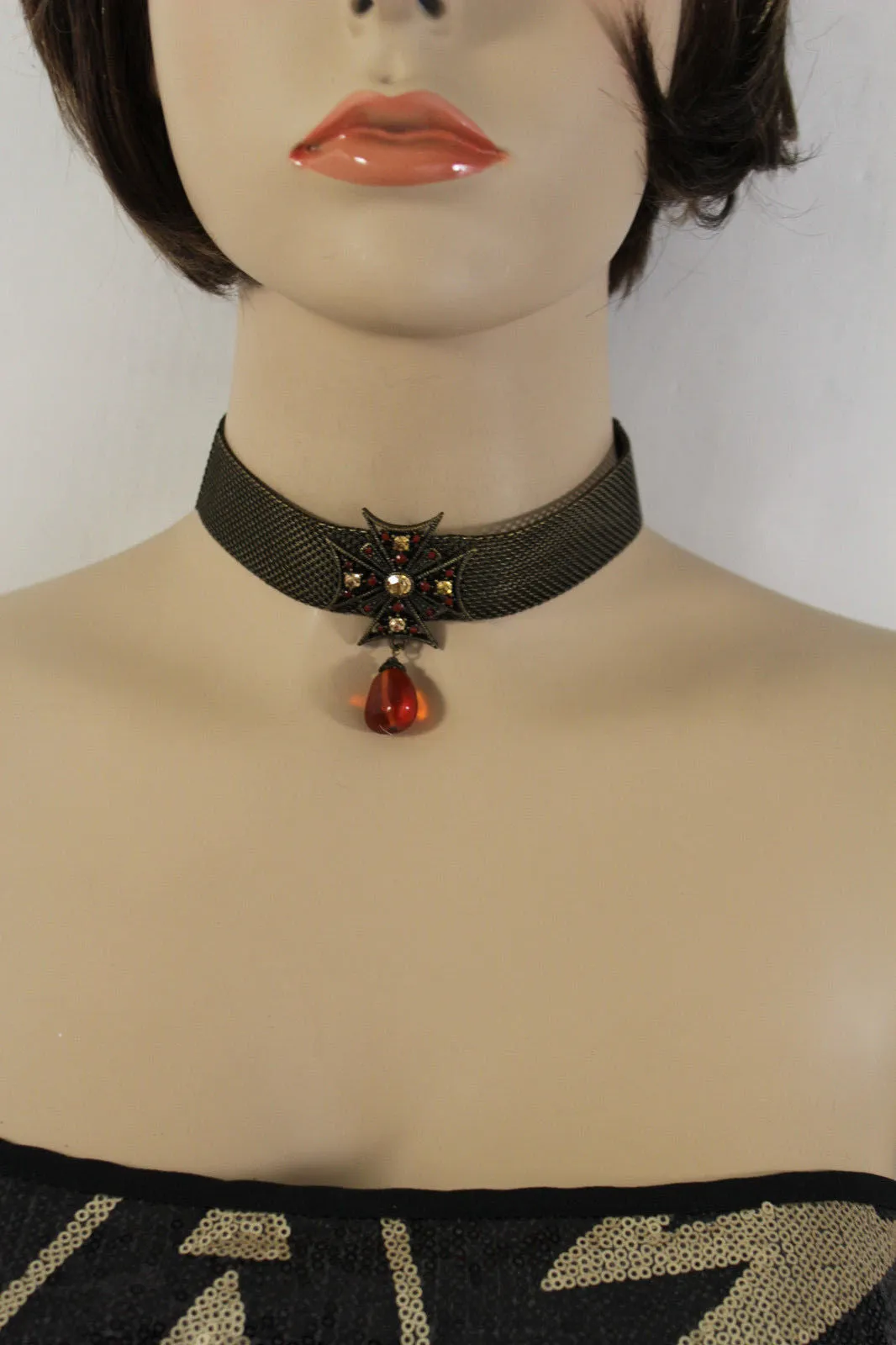 Mesh Metal Chains Choker Necklace Cross Charm Pendant Big Red Stone Bead
