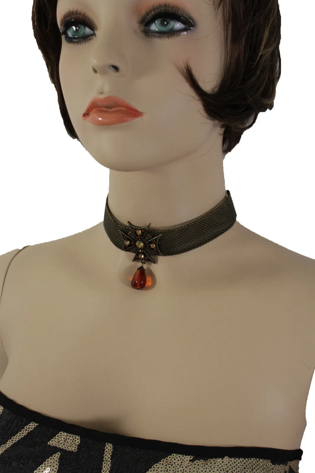Mesh Metal Chains Choker Necklace Cross Charm Pendant Big Red Stone Bead