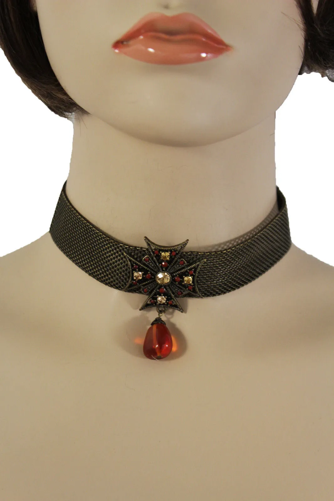 Mesh Metal Chains Choker Necklace Cross Charm Pendant Big Red Stone Bead