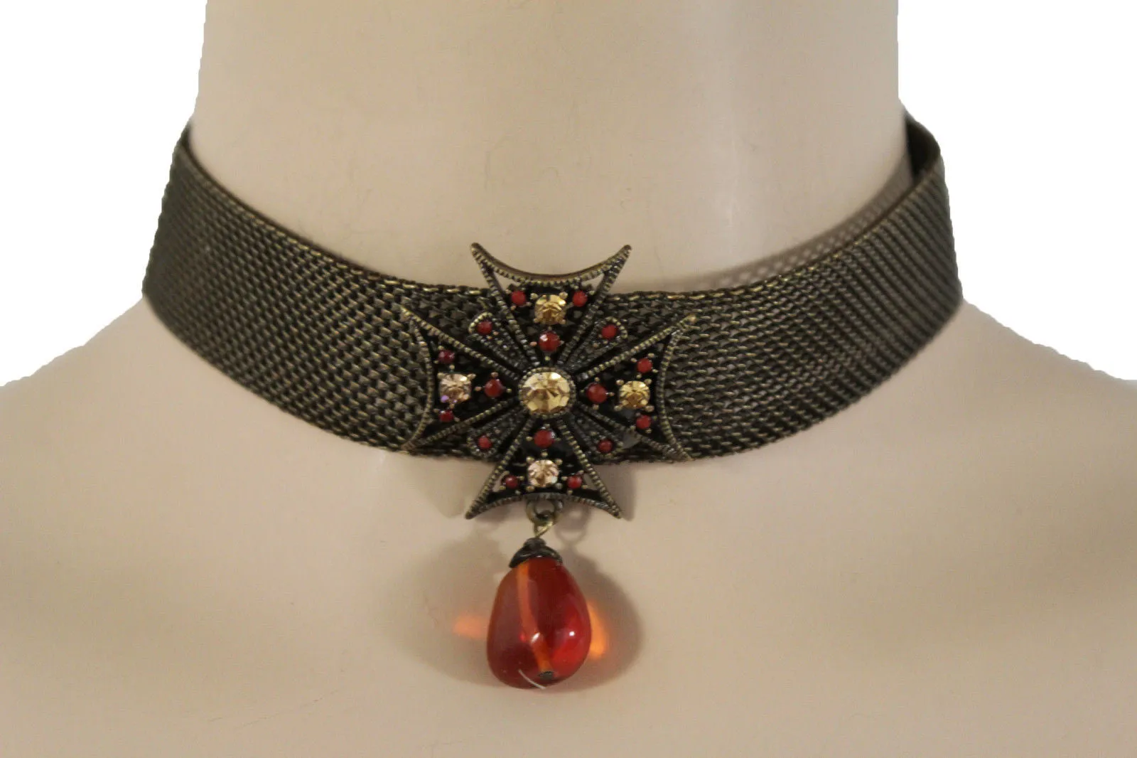 Mesh Metal Chains Choker Necklace Cross Charm Pendant Big Red Stone Bead