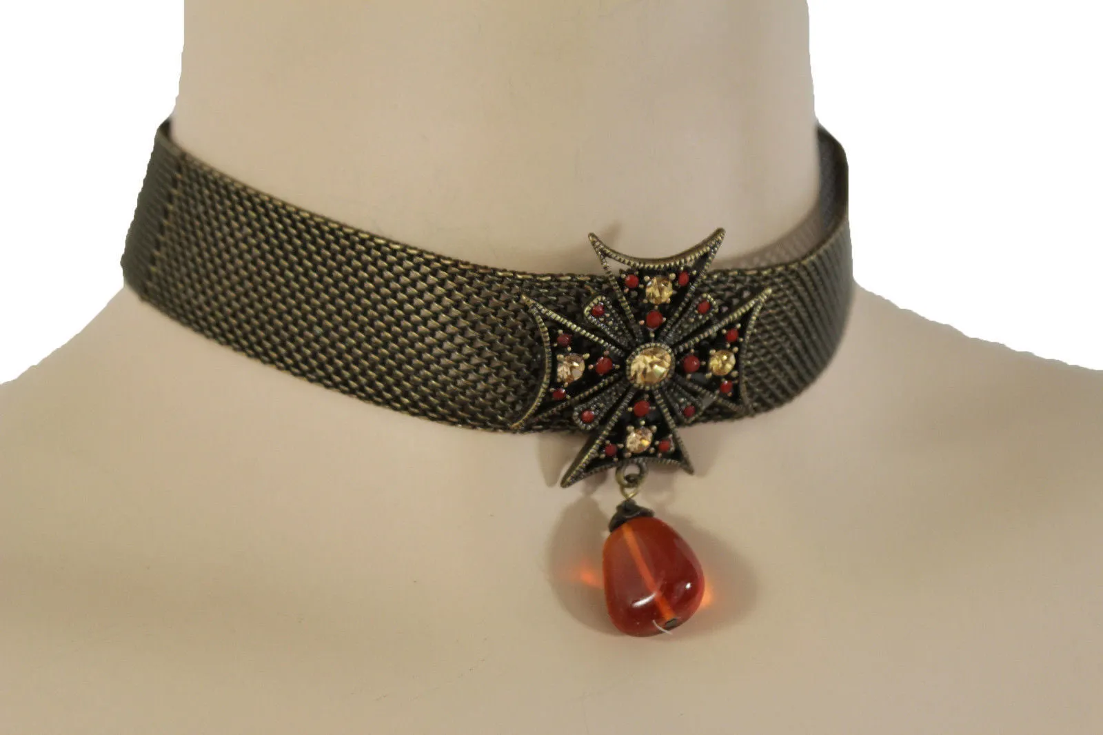 Mesh Metal Chains Choker Necklace Cross Charm Pendant Big Red Stone Bead