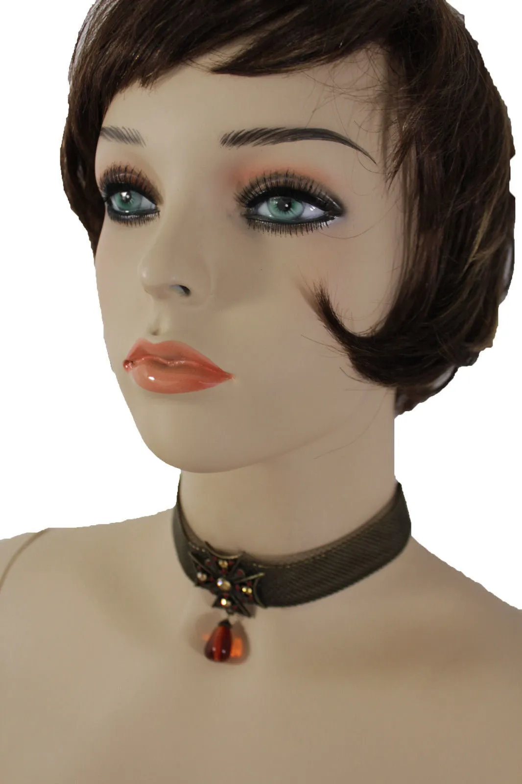Mesh Metal Chains Choker Necklace Cross Charm Pendant Big Red Stone Bead