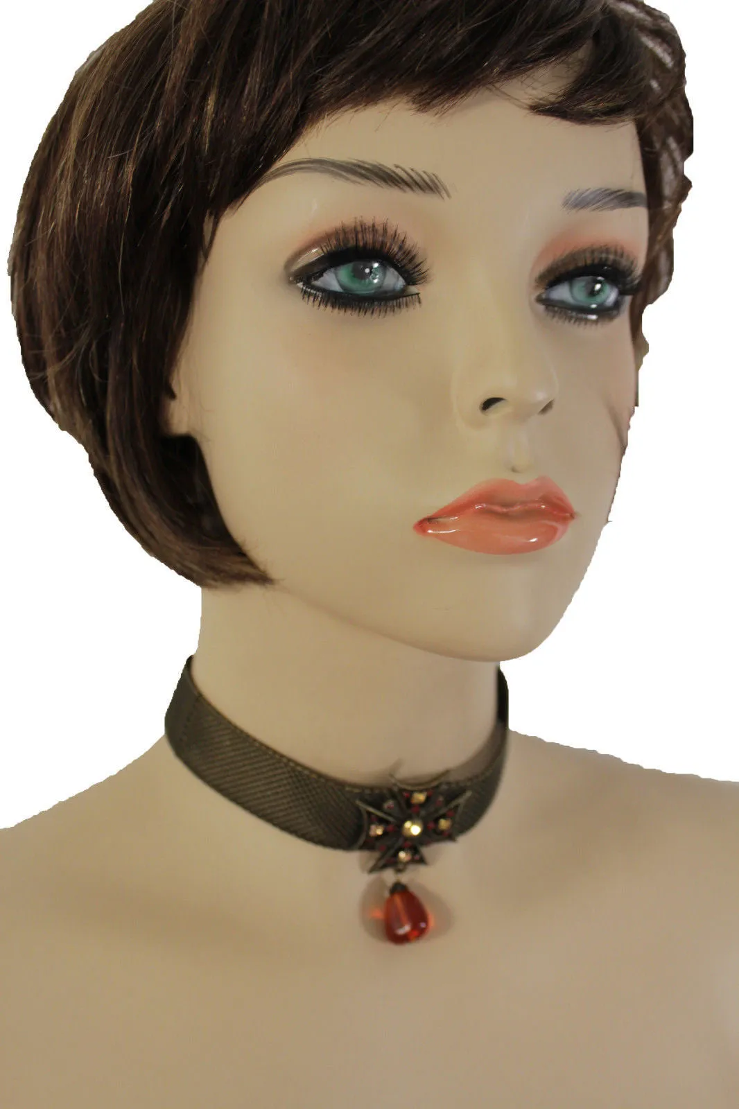Mesh Metal Chains Choker Necklace Cross Charm Pendant Big Red Stone Bead