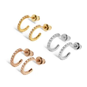 Mini Charms Three Tone Pave Hoop Silver Gold Rose Gold Plated Earrings 7649