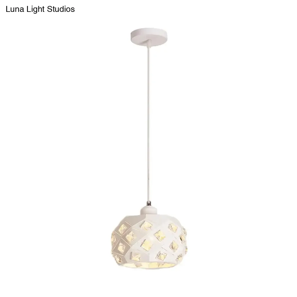 Minimalist Crystal Hanging Lamp - Single Pendulum Light with White Finish & Drum Iron Shade