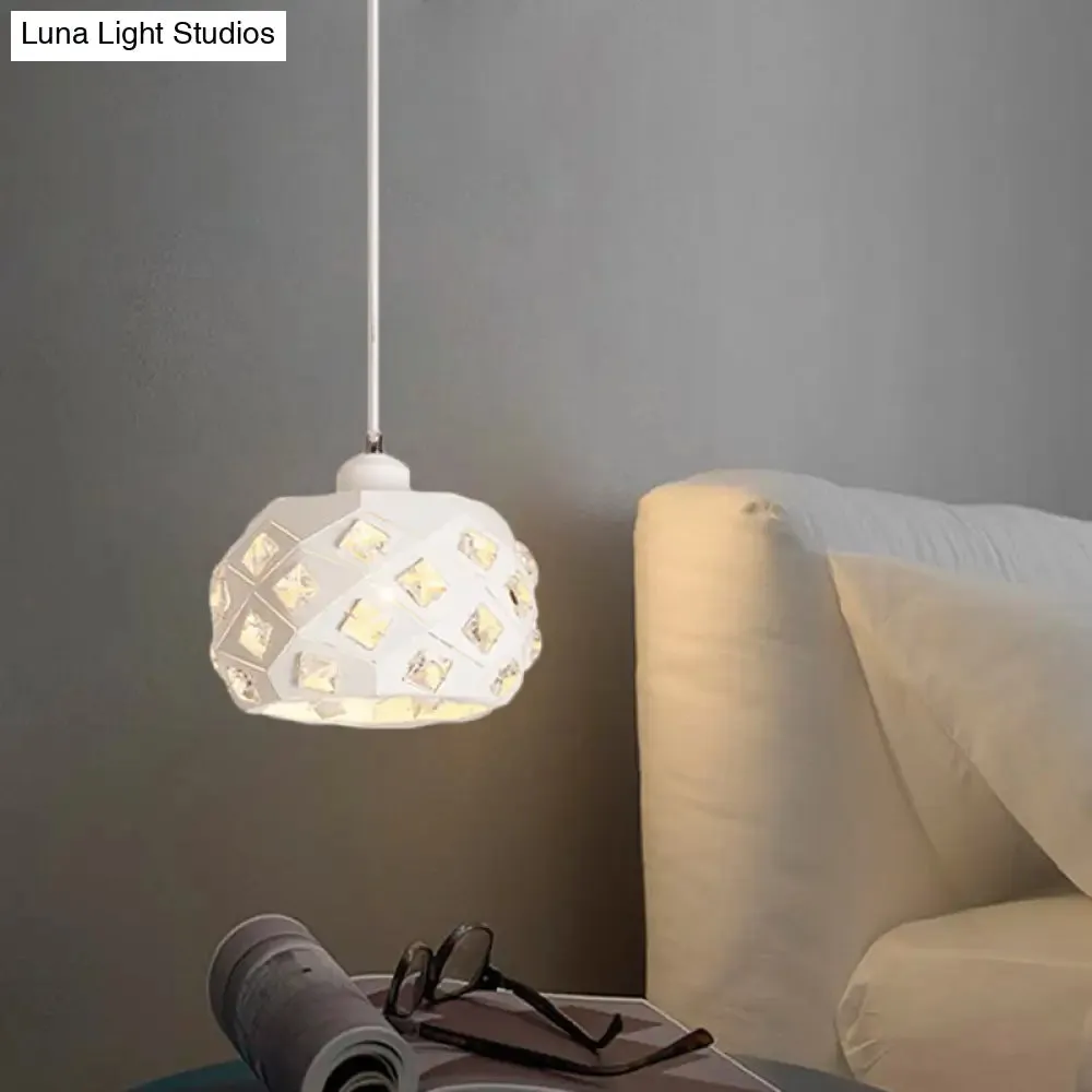 Minimalist Crystal Hanging Lamp - Single Pendulum Light with White Finish & Drum Iron Shade