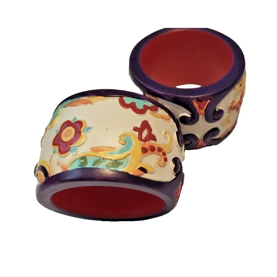 Napkin Rings Painted White  Wood  Flowers Set of 2  Round 1  1/4" x 2"