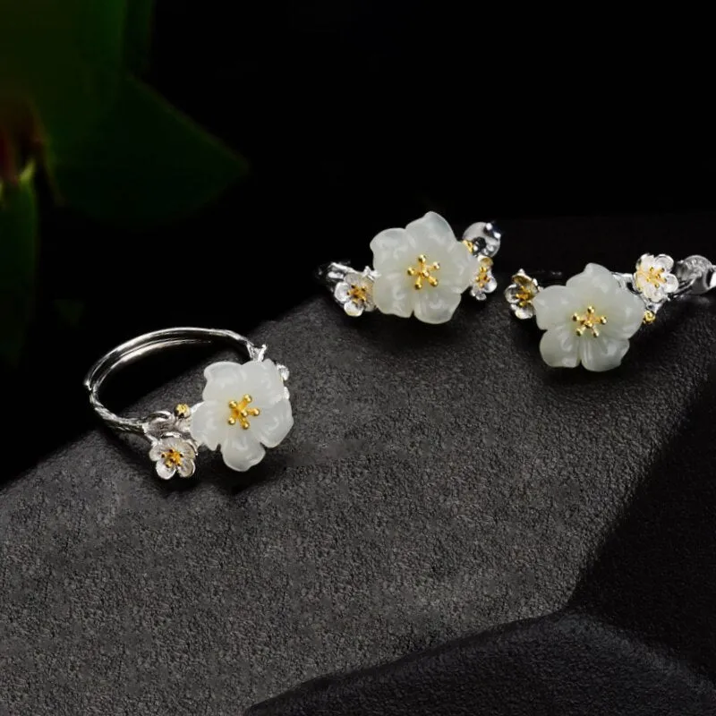 Natural Hotan Jade plum blossom jewelry sets Elegant and luxurious ring earrings