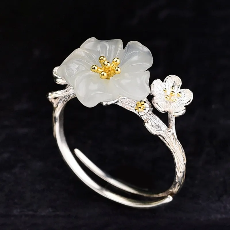 Natural Hotan Jade plum blossom jewelry sets Elegant and luxurious ring earrings
