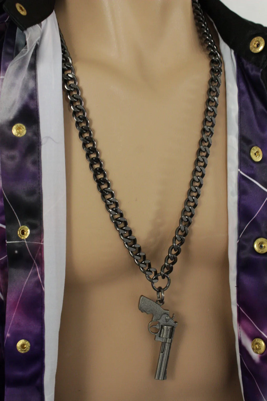 Pewter Metal Chain Weapon Western Pistol Gun Pendant Soldier Long Necklace Men