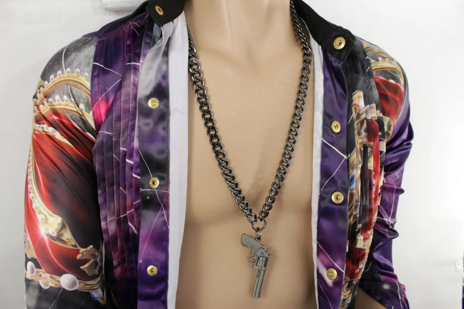 Pewter Metal Chain Weapon Western Pistol Gun Pendant Soldier Long Necklace Men
