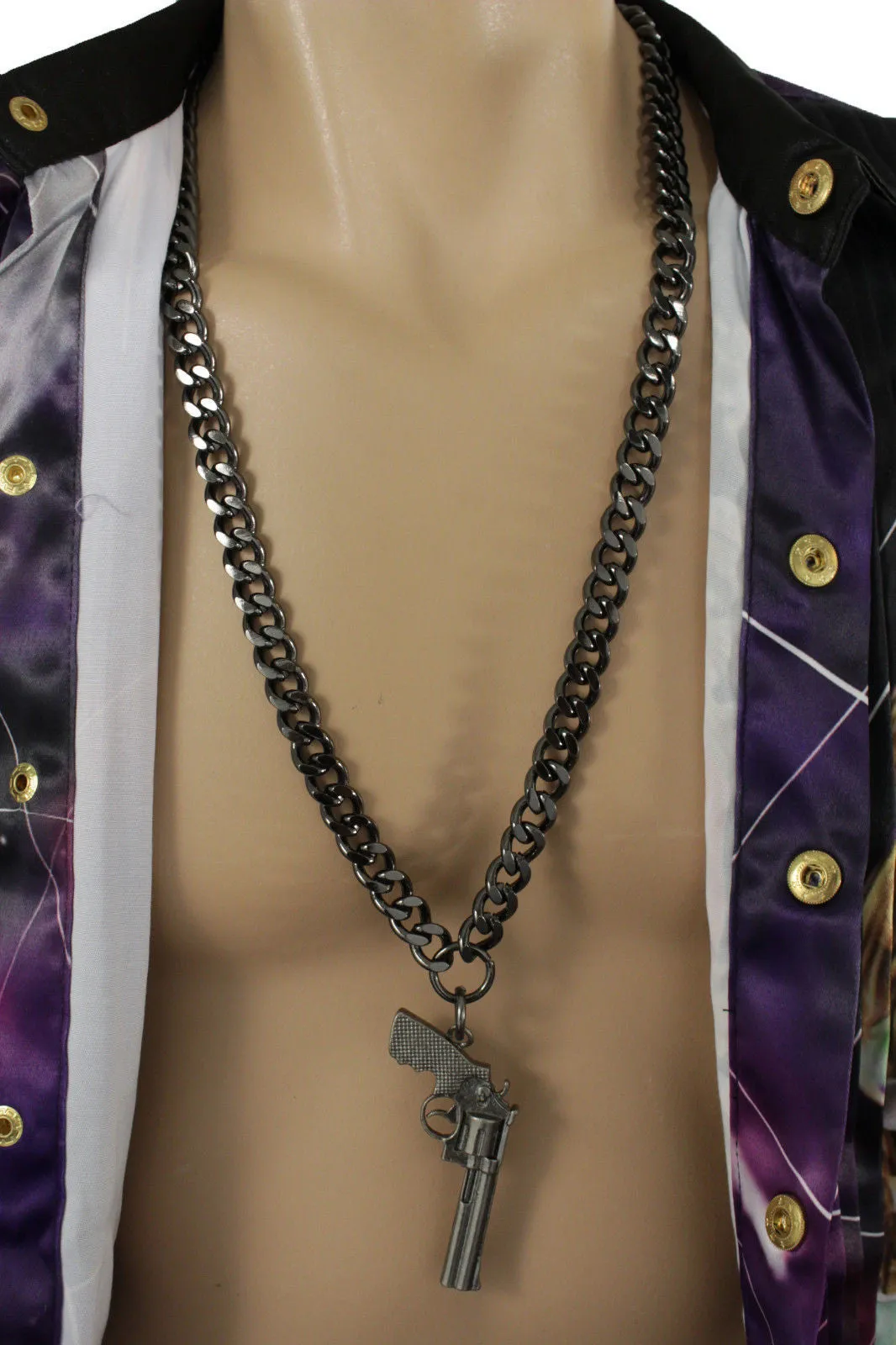 Pewter Metal Chain Weapon Western Pistol Gun Pendant Soldier Long Necklace Men