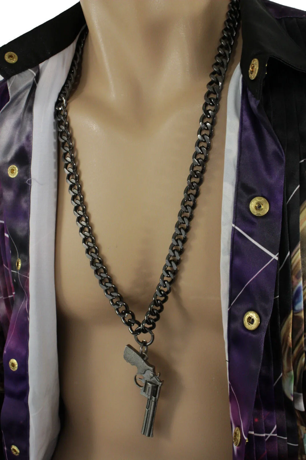 Pewter Metal Chain Weapon Western Pistol Gun Pendant Soldier Long Necklace Men