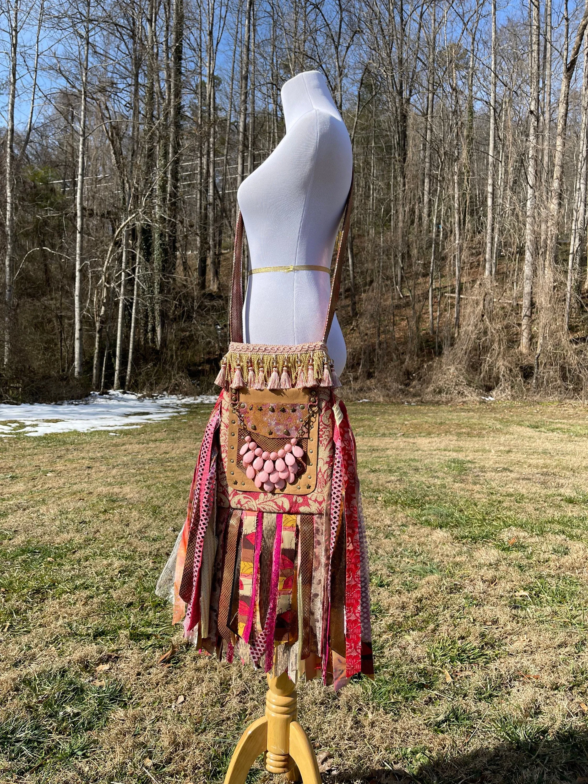 Pink Gold and Red Fringe Purse, Ultimate Boho Purse, Festival Fringe Bag, Hippie Handbag, Boho Chic Crossbody Messenger, Embellished purse